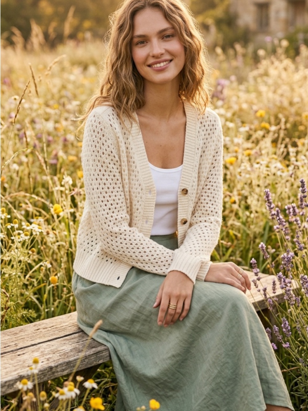 Evereve Ivory Crochet Pointelle Open-Knit Cropped Cardigan Coastal Boho Size S